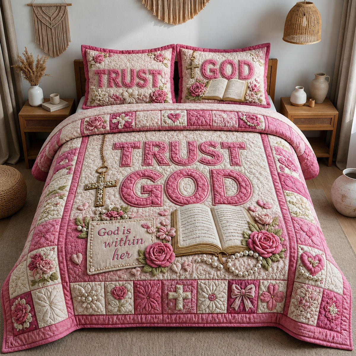 God Is Within Her Pink Floral Christian quilted 3-piece bedding set on a made bed in a softly lit bedroom