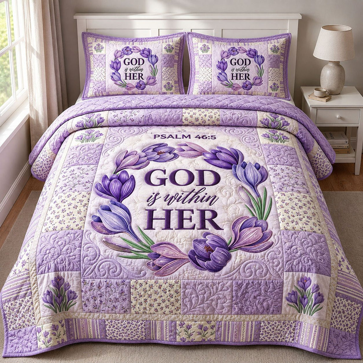 God Is Within Her quilted 3-piece bedding set on a made bed in a softly lit bedroom