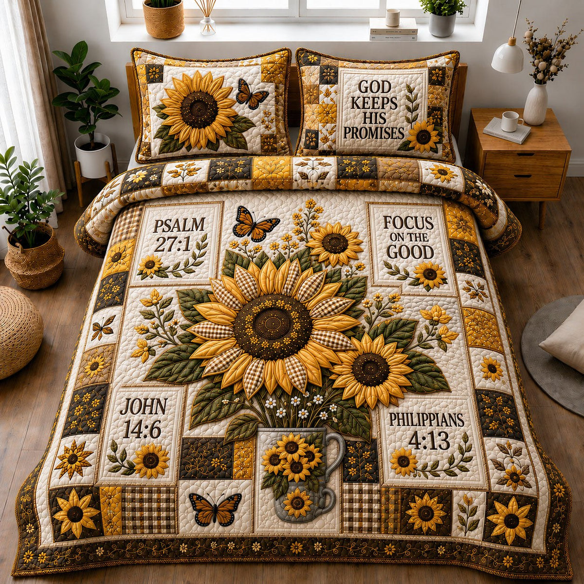 God Keeps His Promises Sunflower quilted 3-piece bedding set on a made bed in a softly lit bedroom
