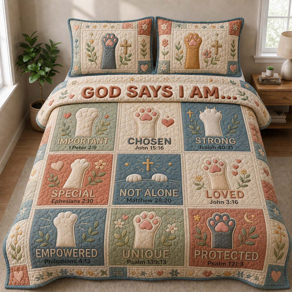 God Says I Am Paw Blessings quilted 3-piece bedding set on a made bed in a softly lit bedroom