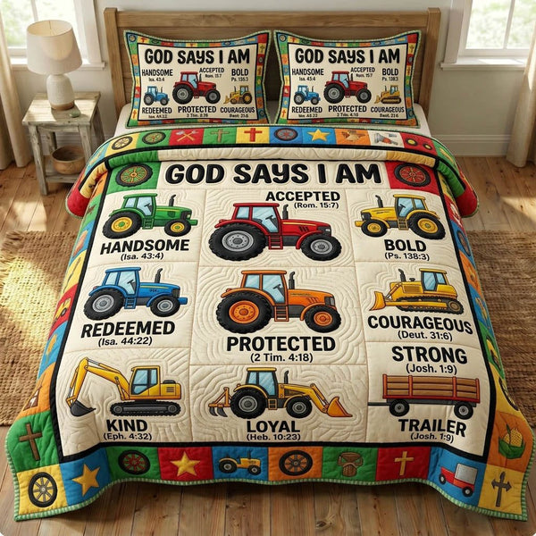 God Says I Am quilted 3-piece bedding set on a made bed in a softly lit bedroom