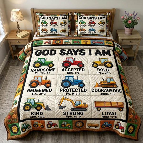 God Says I Am quilted 3-piece bedding set on a made bed in a softly lit bedroom