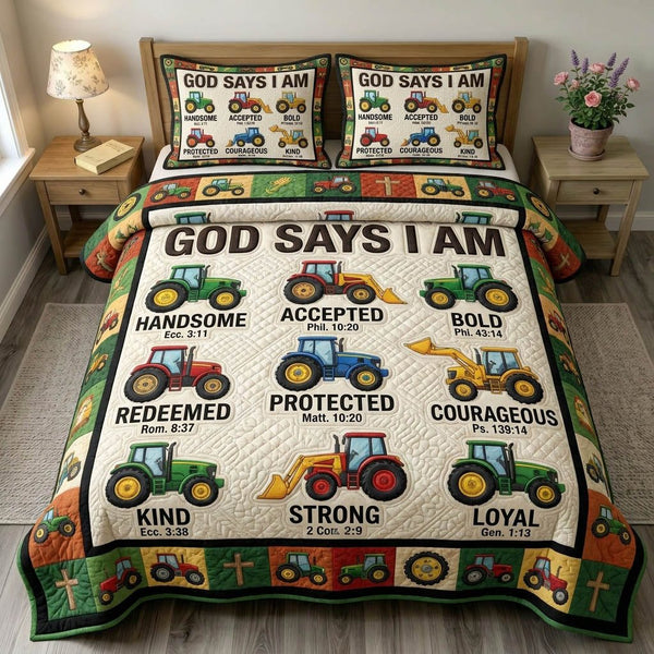 God Says I Am quilted 3-piece bedding set on a made bed in a softly lit bedroom