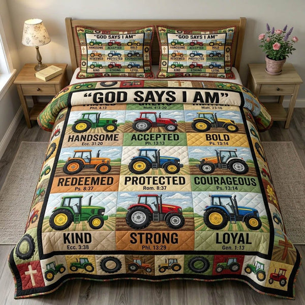 God Says I Am quilted 3-piece bedding set on a made bed in a softly lit bedroom