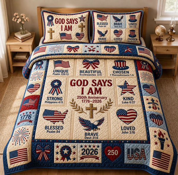 God Says I Am quilted 3-piece bedding set on a made bed in a softly lit bedroom