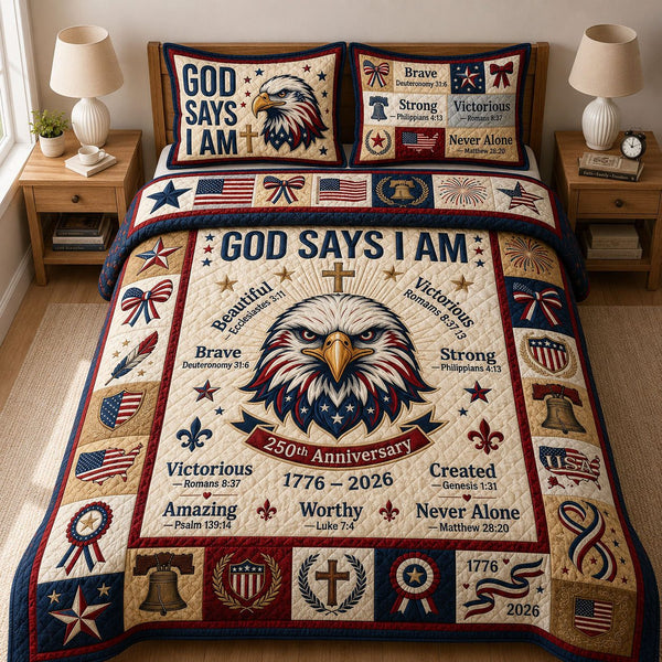 God Says I Am quilted 3-piece bedding set on a made bed in a softly lit bedroom
