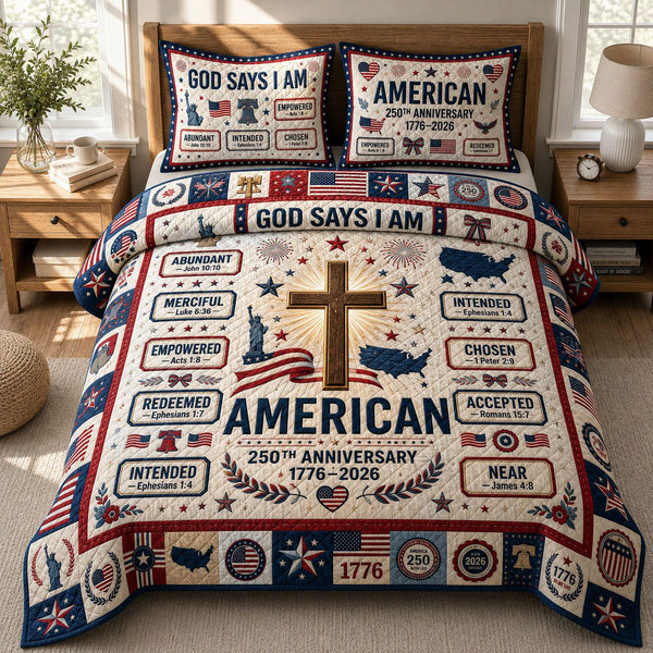 God Says I Am quilted 3-piece bedding set on a made bed in a softly lit bedroom