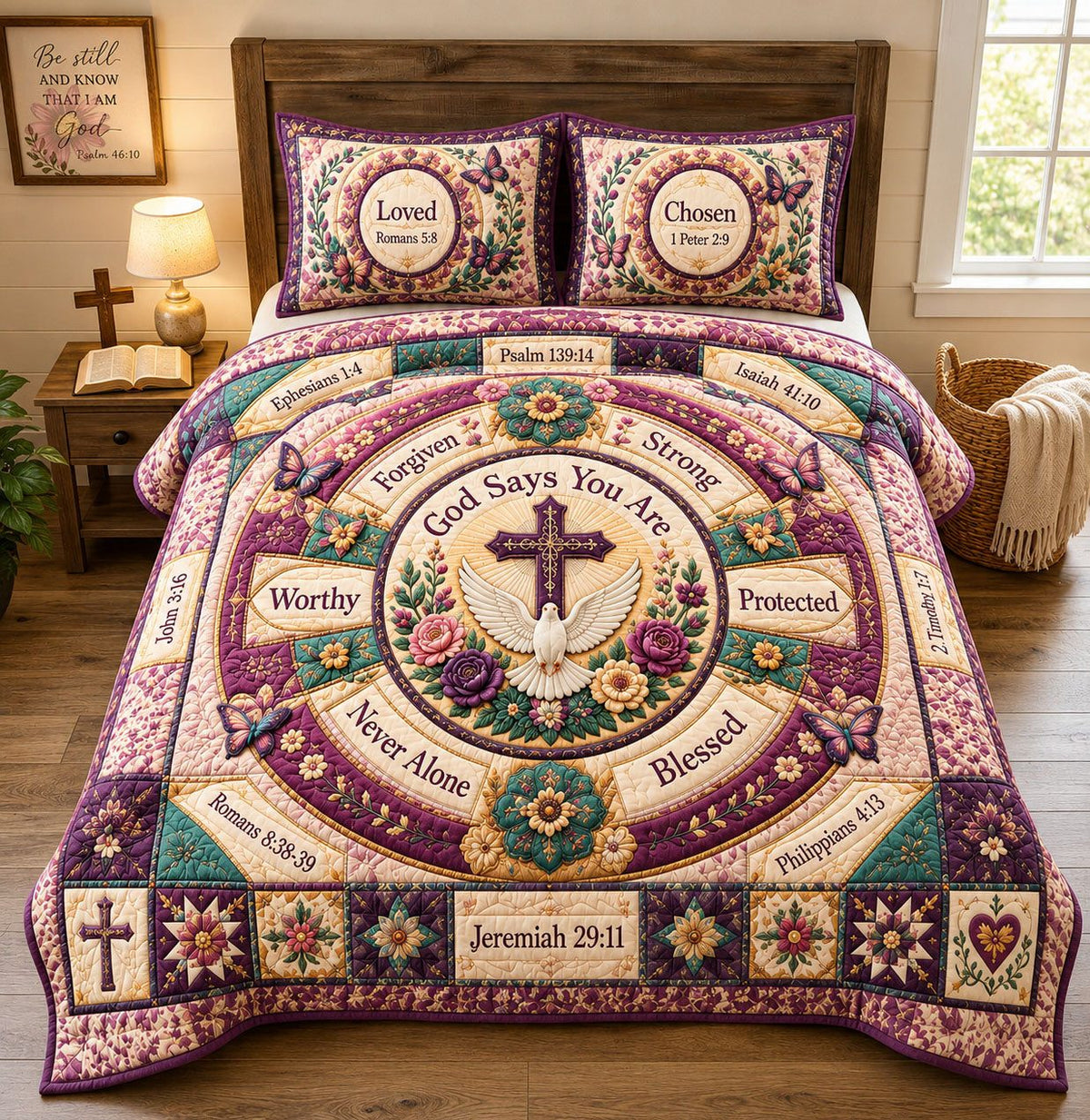 God Says You Are Loved quilted 3-piece bedding set on a made bed in a softly lit bedroom