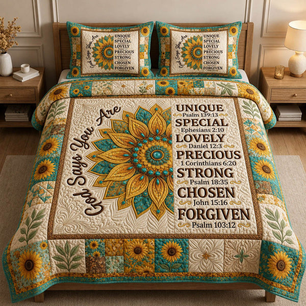 God Says You Are quilted 3-piece bedding set on a made bed in a softly lit bedroom