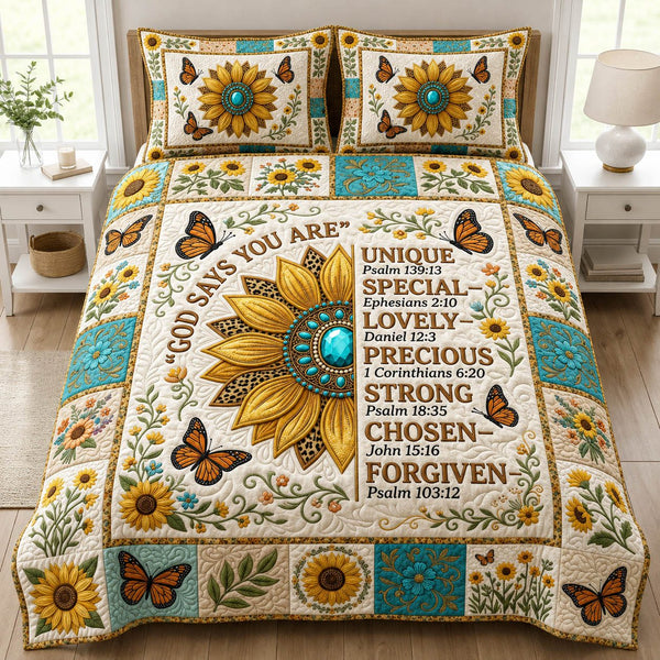 God Says You Are quilted 3-piece bedding set on a made bed in a softly lit bedroom
