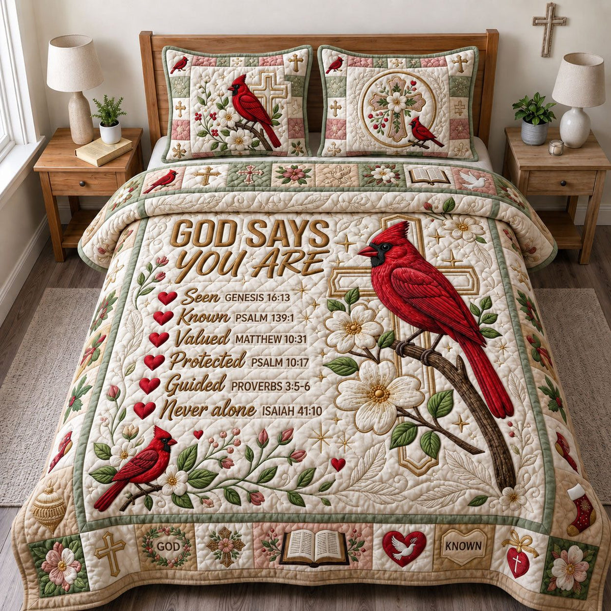 God Says You Are quilted 3-piece bedding set on a made bed in a softly lit bedroom