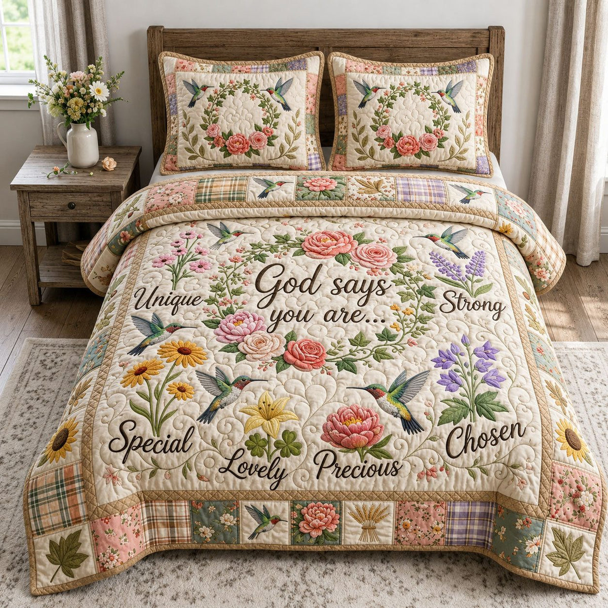 God Says You Are quilted 3-piece bedding set on a made bed in a softly lit bedroom