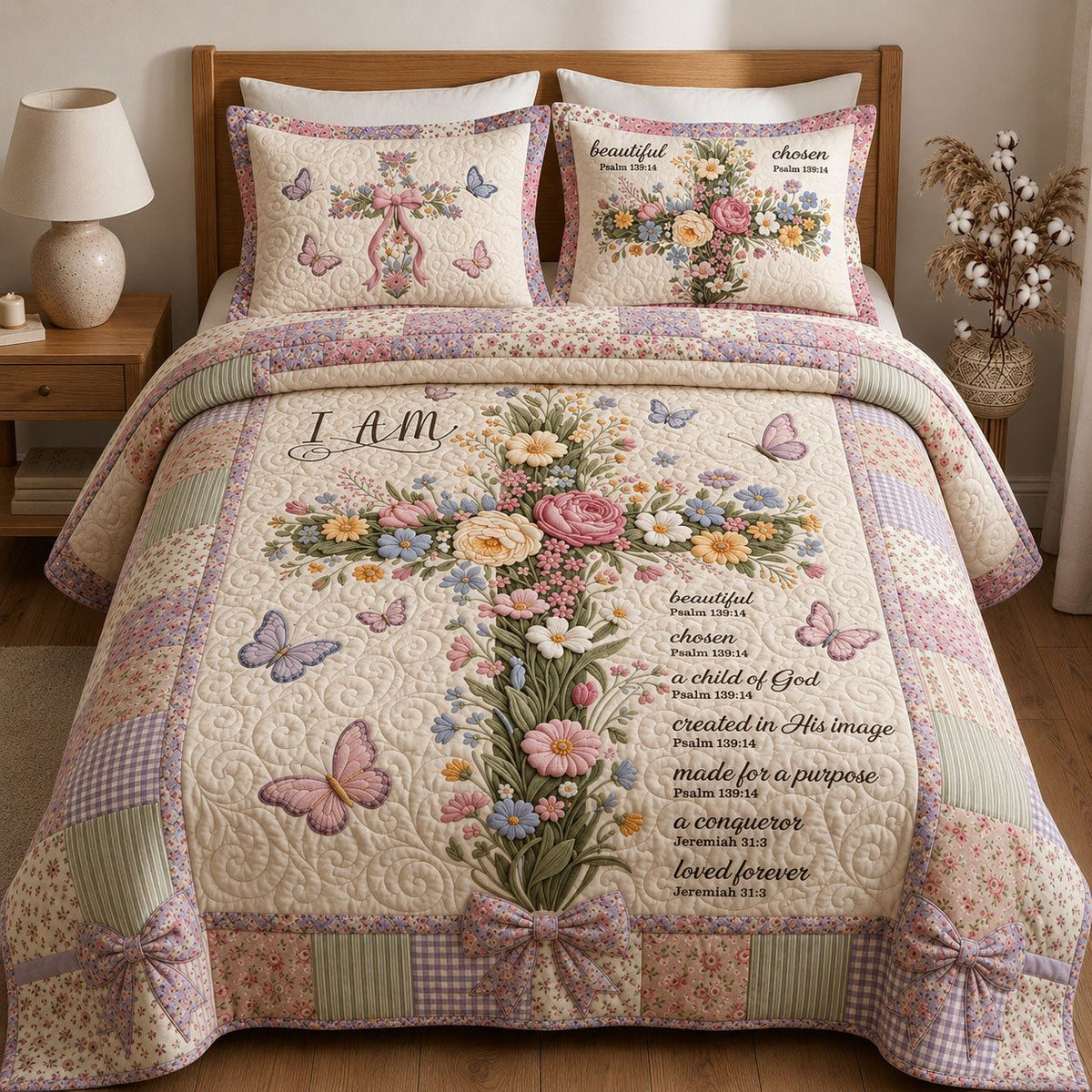 God Says Your Are quilted 3-piece bedding set on a made bed in a softly lit bedroom