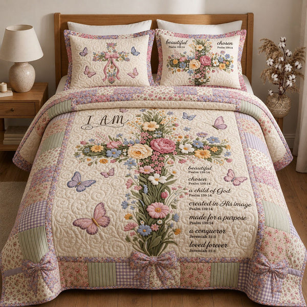 God Says Your Are quilted 3-piece bedding set on a made bed in a softly lit bedroom