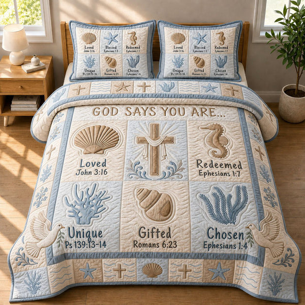 God Says Your Are quilted 3-piece bedding set on a made bed in a softly lit bedroom