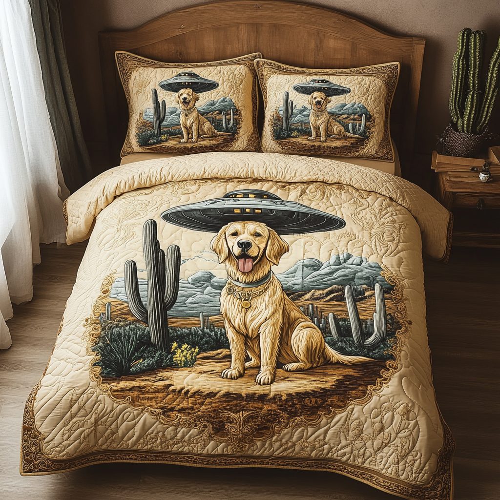 Golden Abduction quilted 3-piece bedding set on a made bed with two matching pillow shams