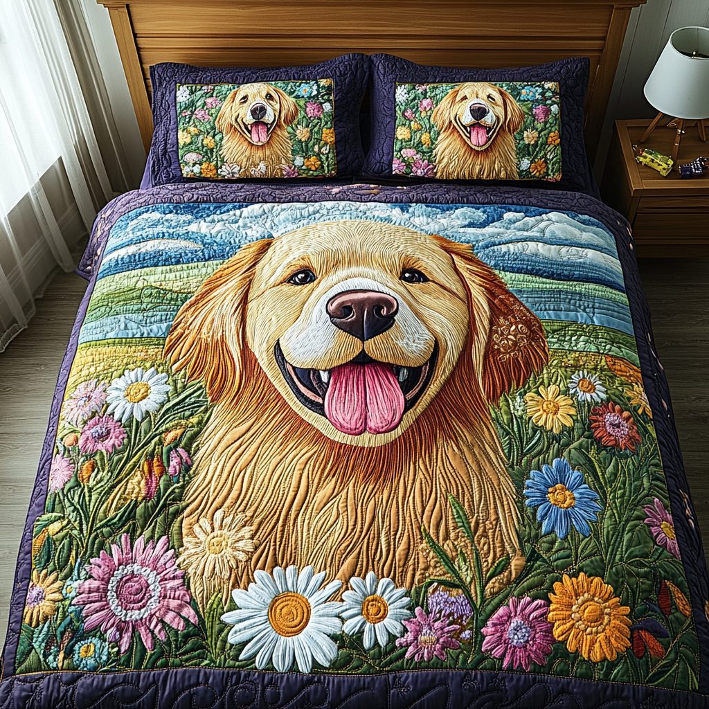 Golden Adventure quilted 3-piece bedding set on a made bed in a winter-styled bedroom