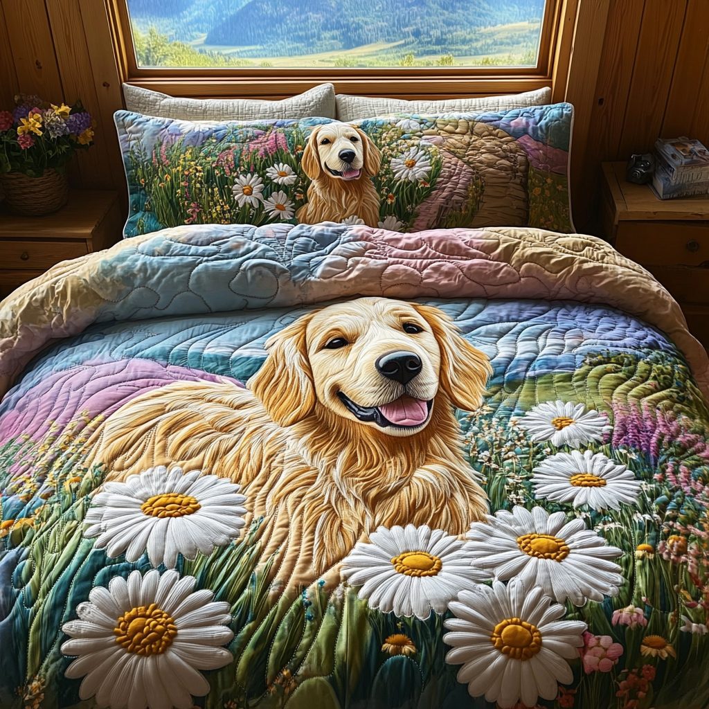 Golden Adventure quilted 3-piece bedding set on a made bed in a winter-styled bedroom