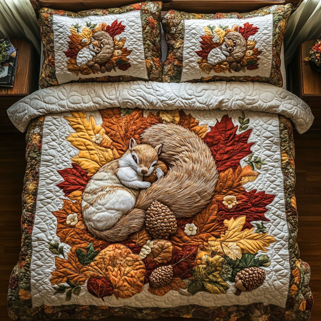 Golden Autumn Squirrel quilted 3-piece bedding set on a made bed with two matching pillow shams