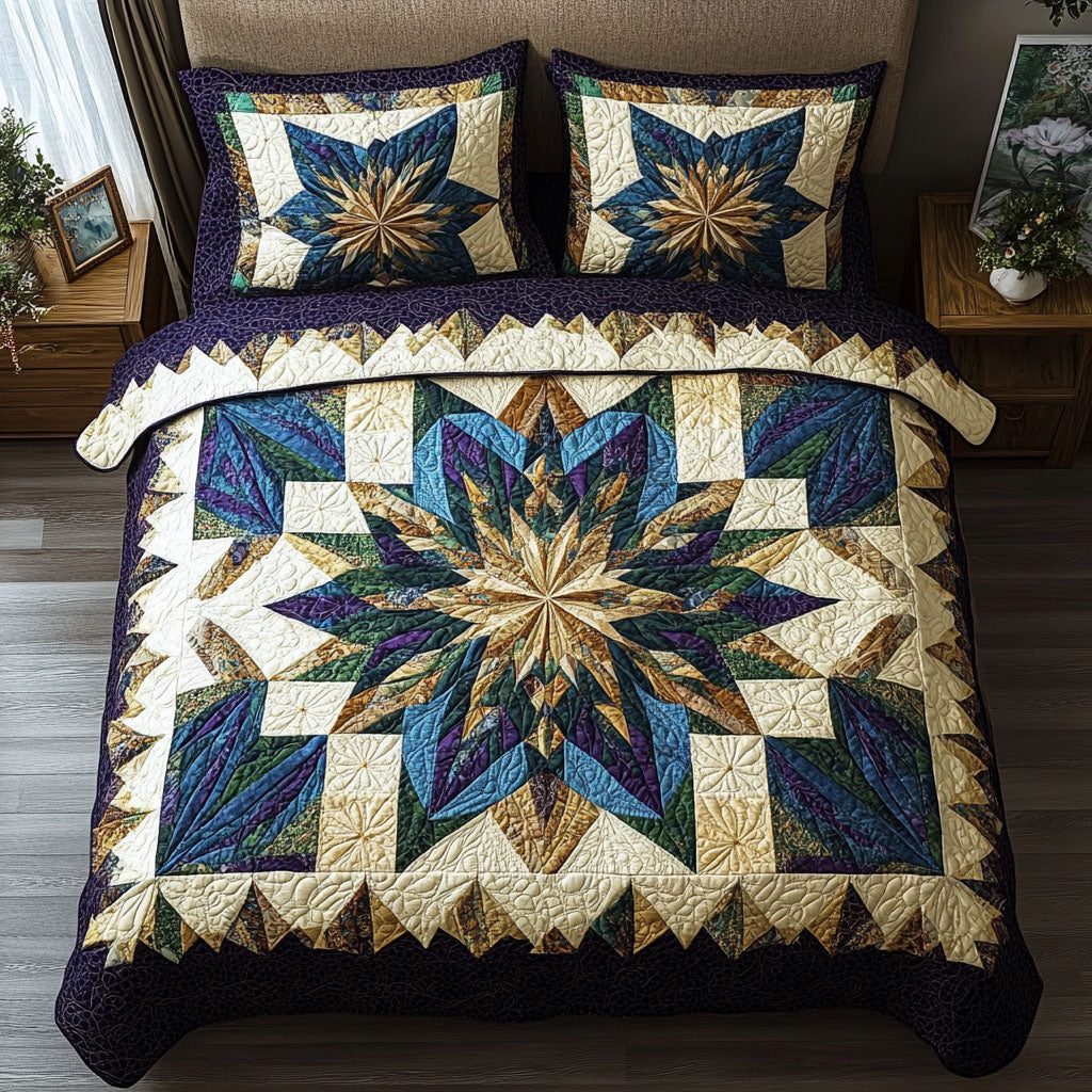 Golden Barn Star quilted 3-piece bedding set on a made bed in a farmhouse bedroom