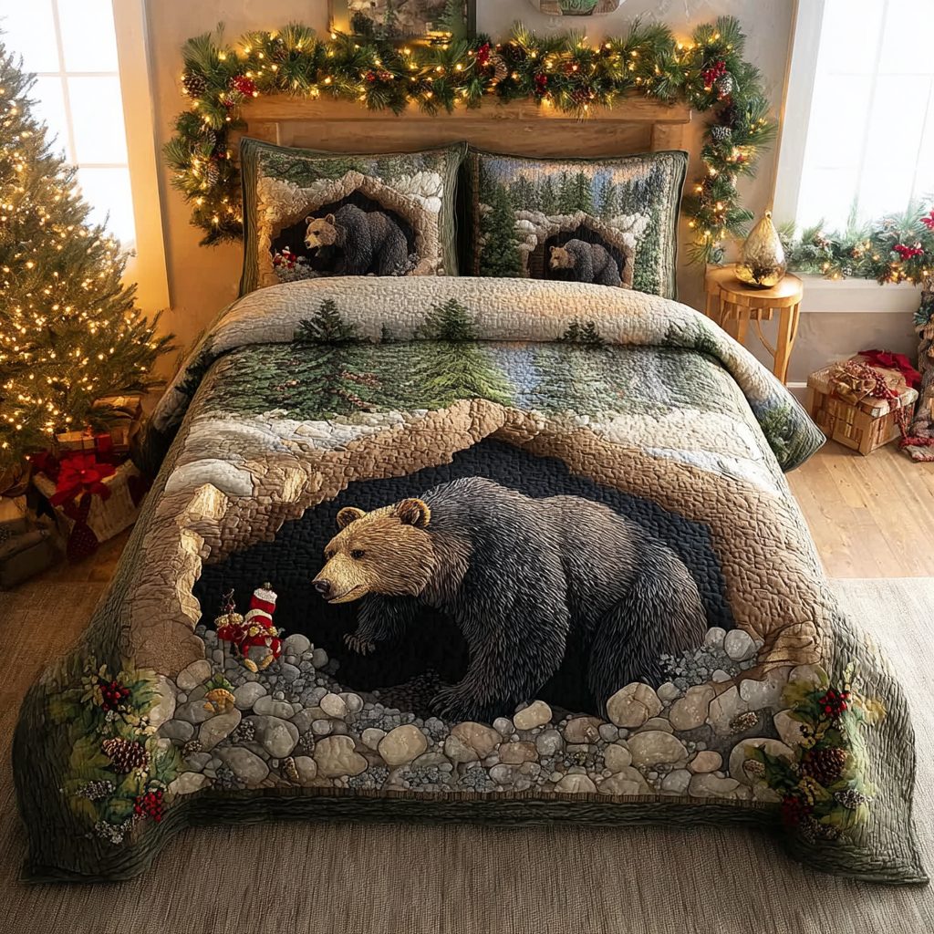 Golden Bear quilted 3-piece bedding set on a made bed with two matching pillow shams