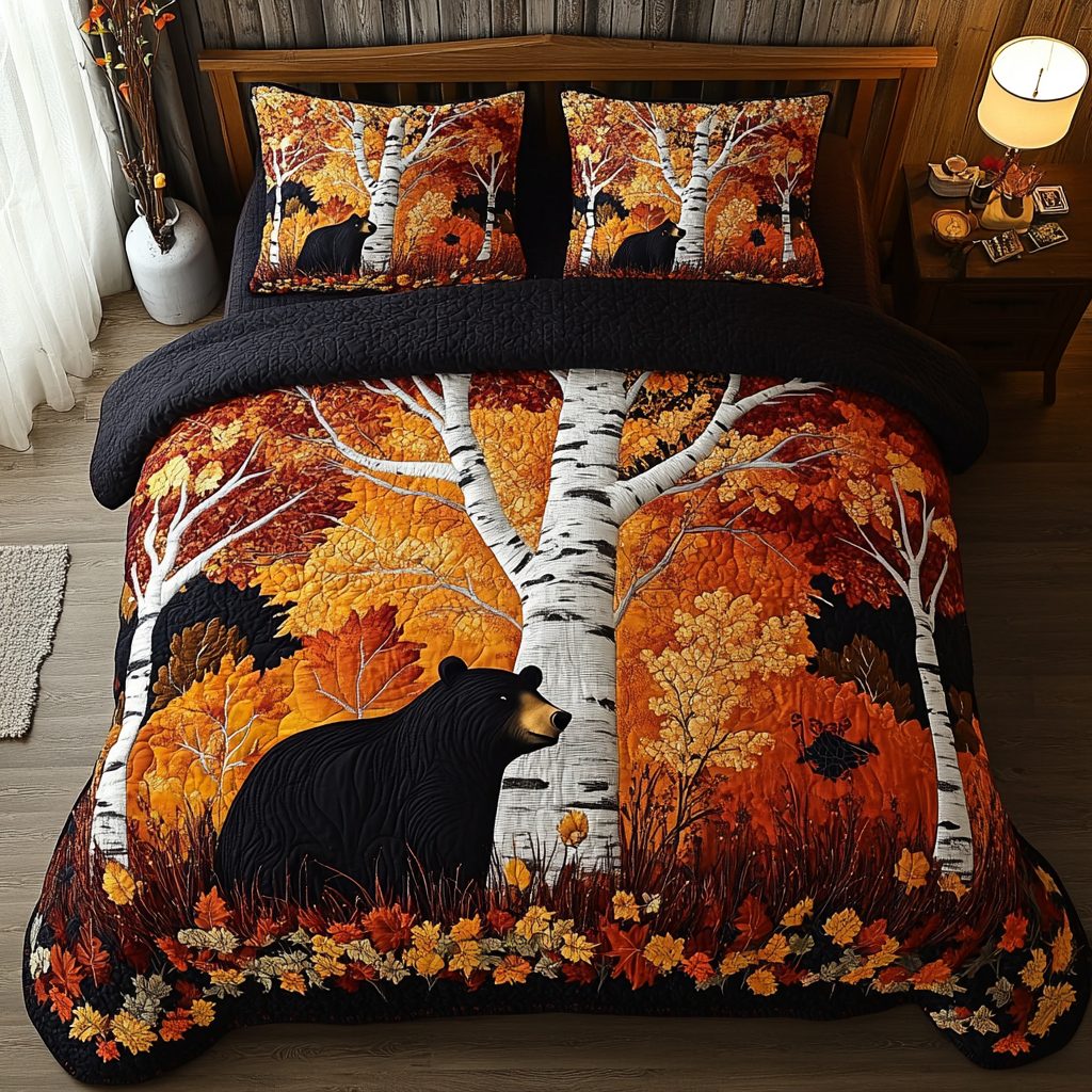 Golden Bear quilted 3-piece bedding set on a made bed with two matching pillow shams