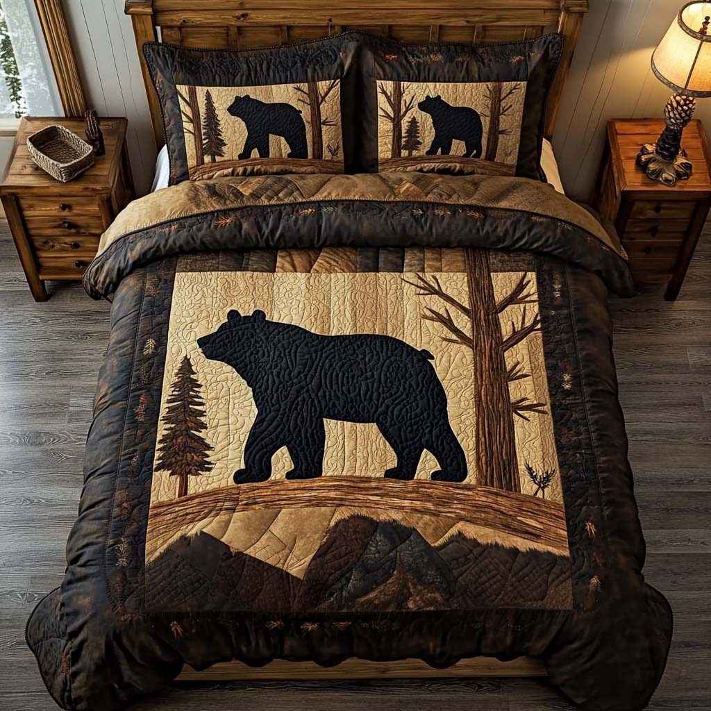 Golden Bear quilted 3-piece bedding set on a made bed with two matching pillow shams