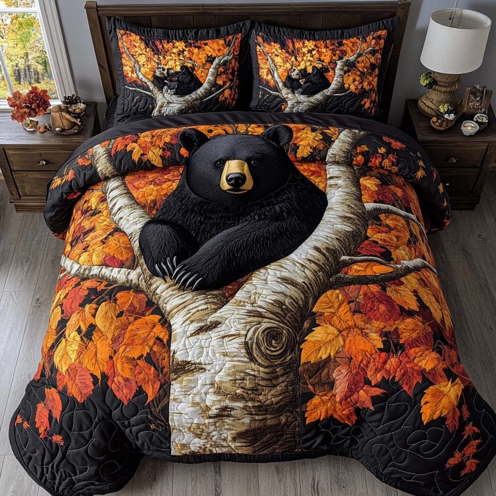 Golden Bear quilted 3-piece bedding set on a made bed with two matching pillow shams
