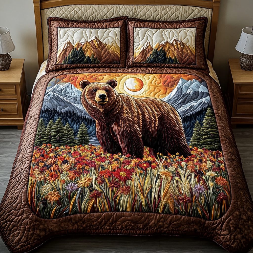 Golden Bear quilted 3-piece bedding set on a made bed with two matching pillow shams