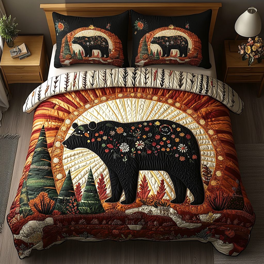 Golden Bear quilted 3-piece bedding set on a made bed with two matching pillow shams