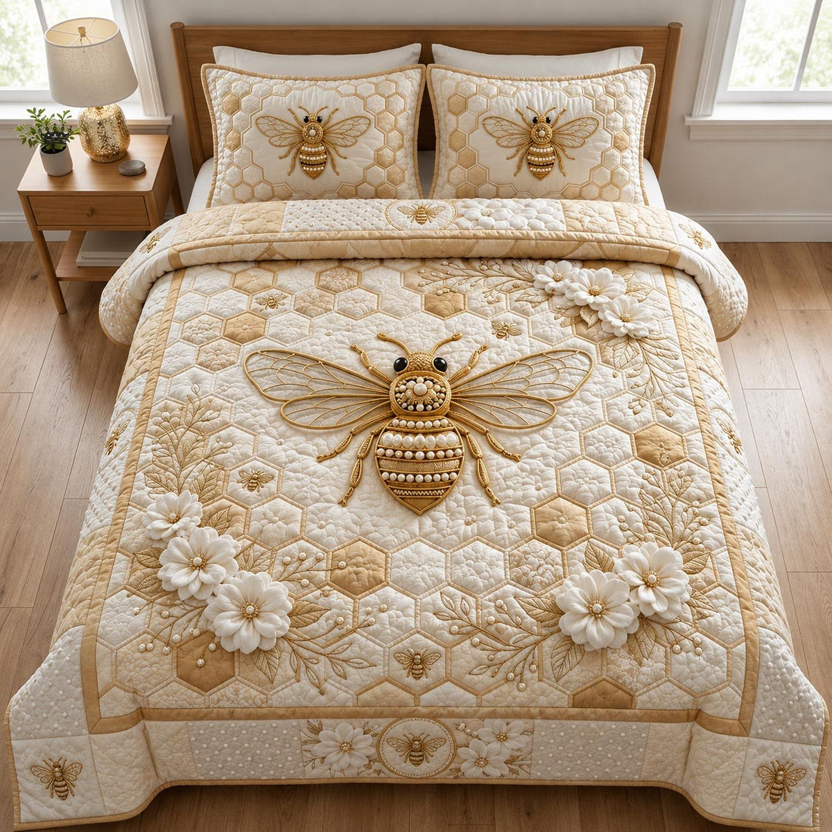 Golden Bee quilted 3-piece bedding set on a made bed with two matching pillow shams