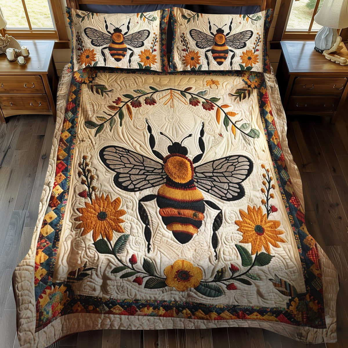 Golden Bee quilted 3-piece bedding set on a made bed with two matching pillow shams