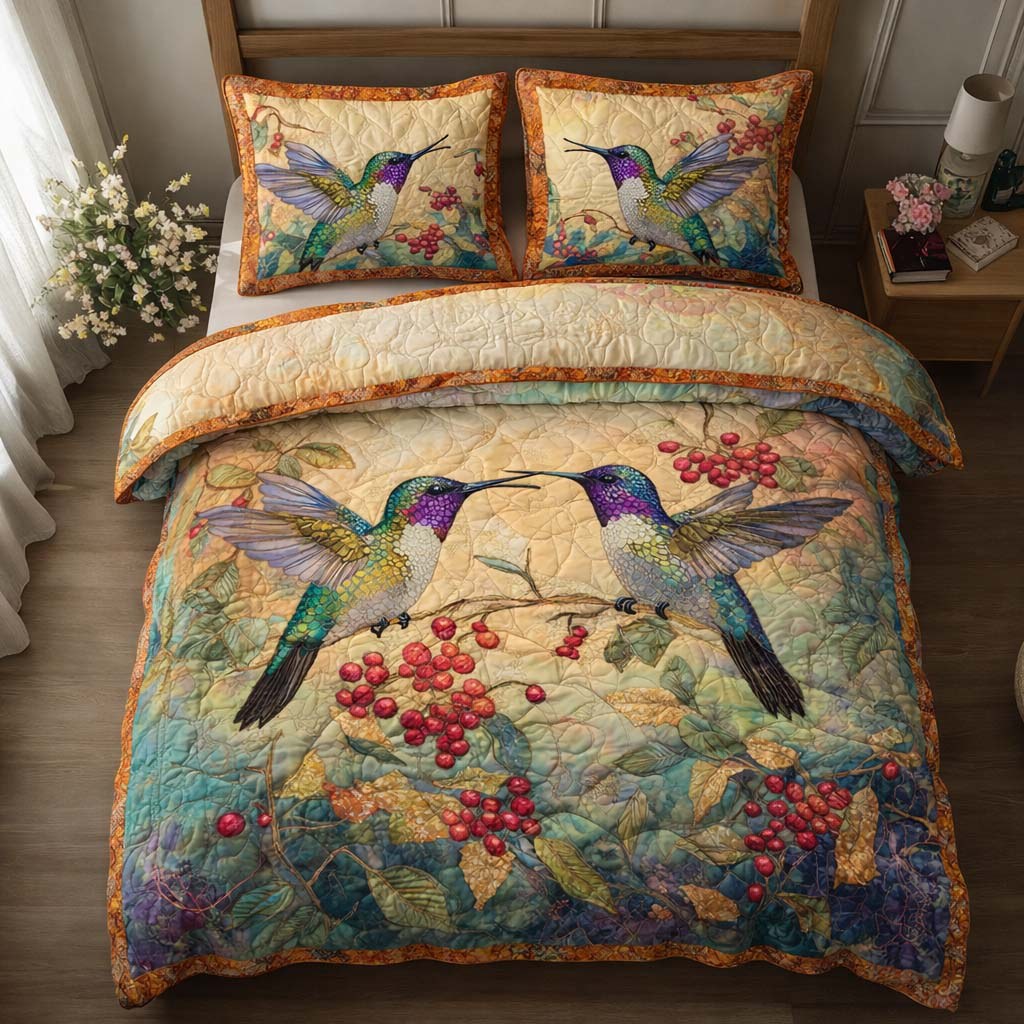 Golden Berries quilted 3-piece bedding set on a made bed with two matching pillow shams