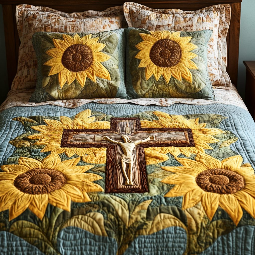 Golden Blessings quilted 3-piece bedding set on a made bed with two matching pillow shams