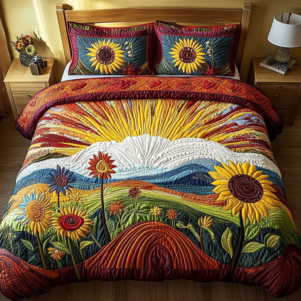 Golden Bloom Haven quilted 3-piece bedding set on a made bed with two matching pillow shams