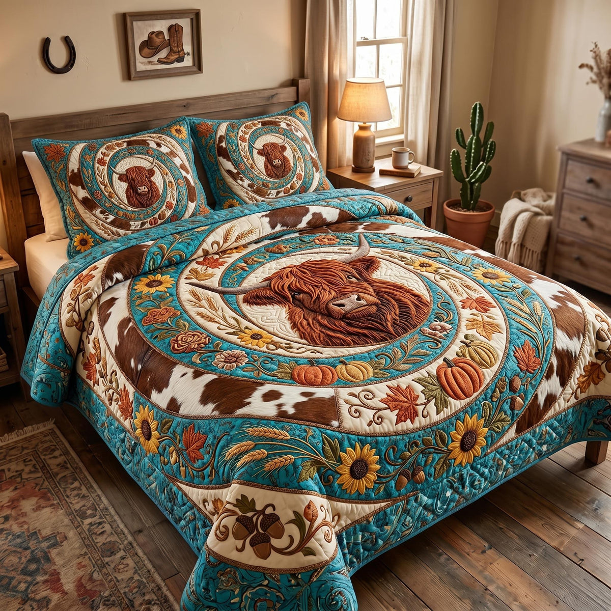 Golden Bloom quilted 3-piece bedding set on a made bed with two matching pillow shams