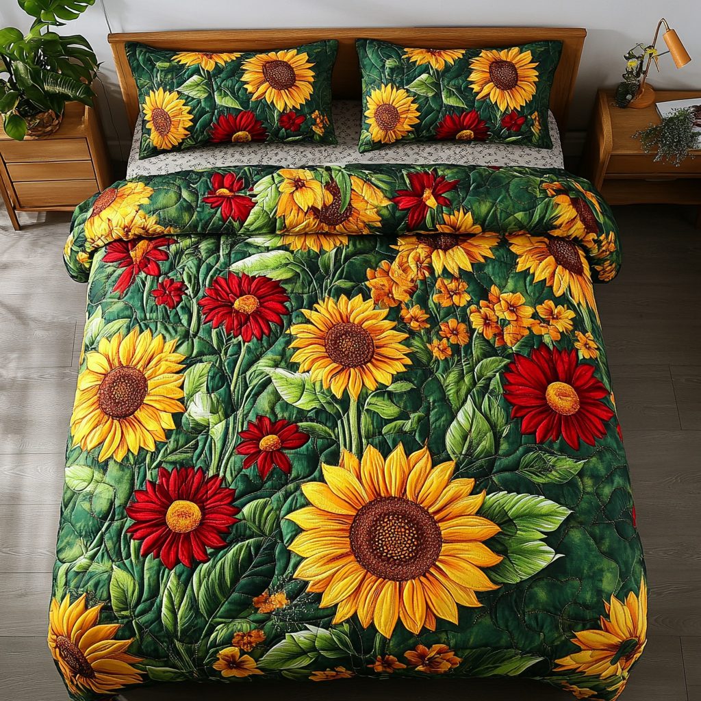 Golden Bloom quilted 3-piece bedding set on a made bed with two matching pillow shams