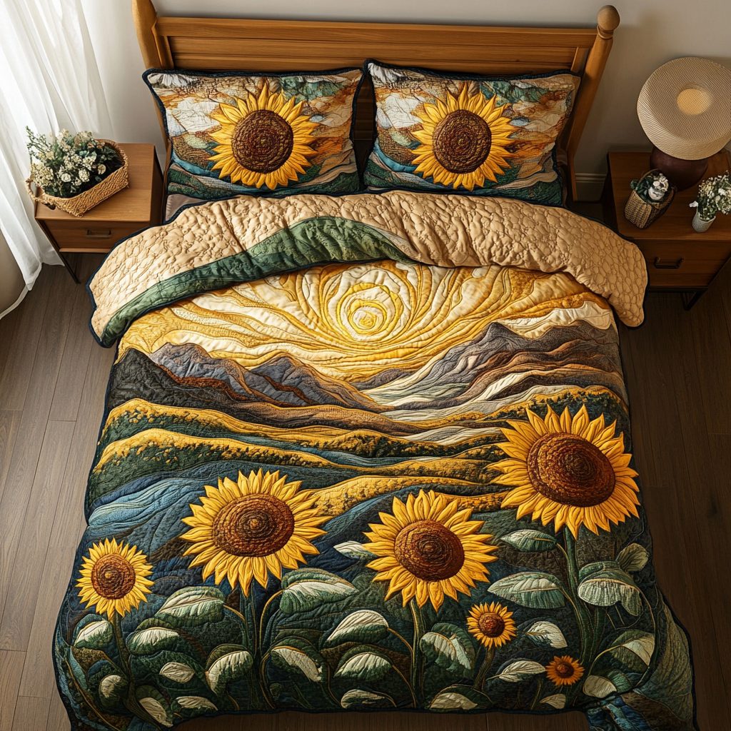 Golden Bloom quilted 3-piece bedding set on a made bed with two matching pillow shams