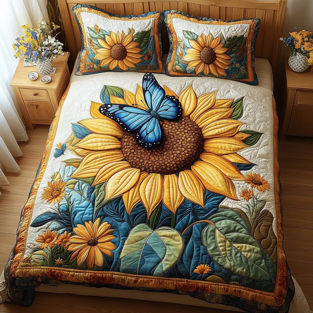 Golden Bloom quilted 3-piece bedding set on a made bed with two matching pillow shams