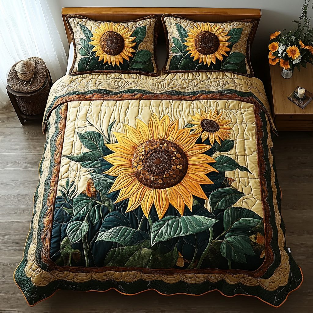 Golden Bloom quilted 3-piece bedding set on a made bed with two matching pillow shams