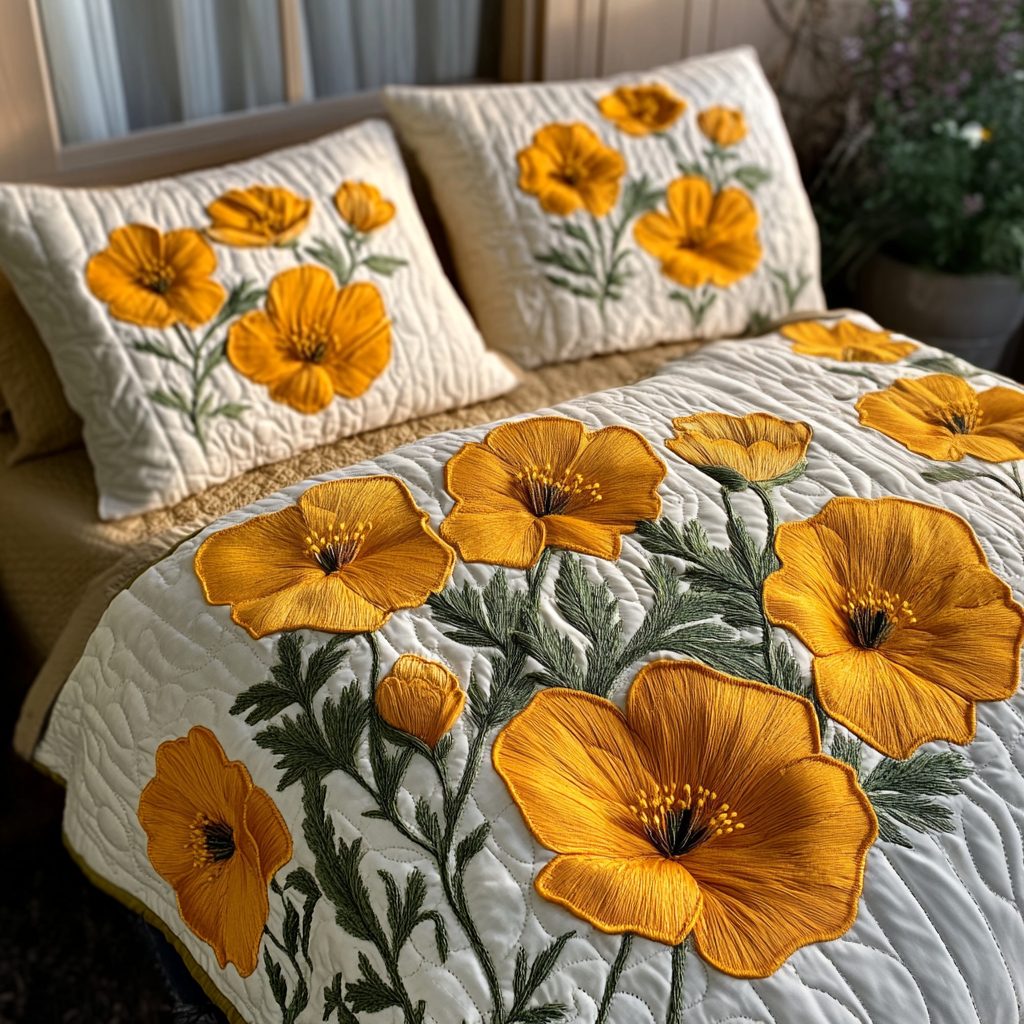 Golden Bloom quilted 3-piece bedding set on a made bed with two matching pillow shams