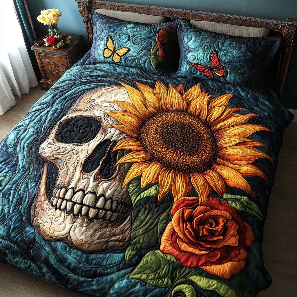 Golden Bloom quilted 3-piece bedding set on a made bed with two matching pillow shams