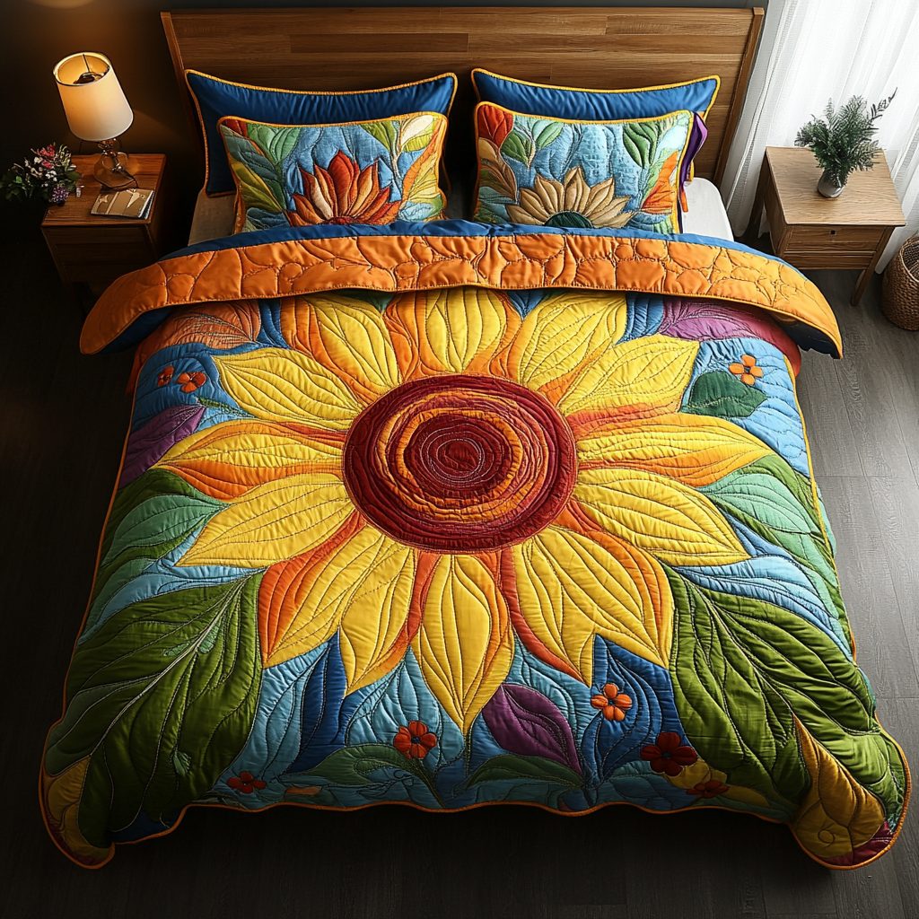 Golden Bloom quilted 3-piece bedding set on a made bed with two matching pillow shams