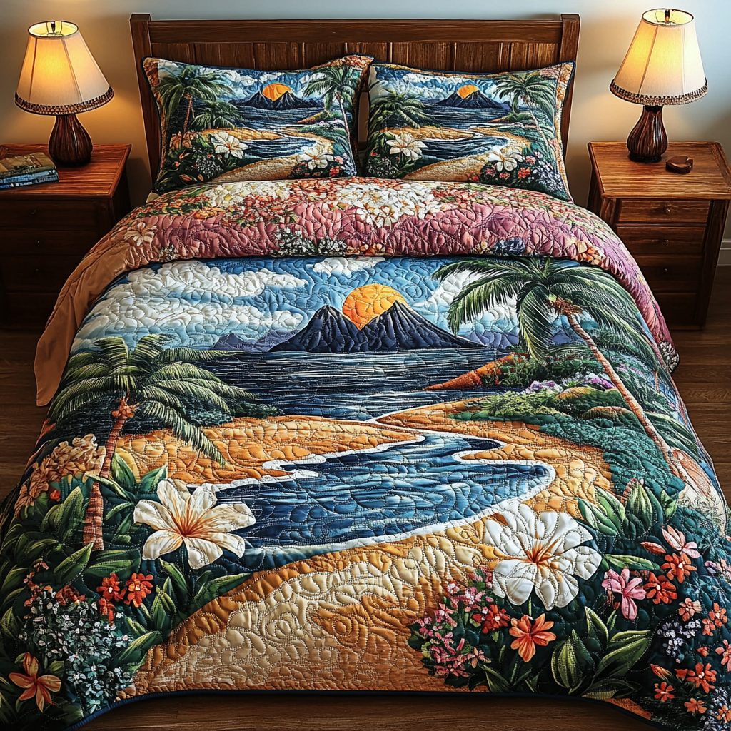 Golden Blooms quilted 3-piece bedding set on a made bed with two matching pillow shams