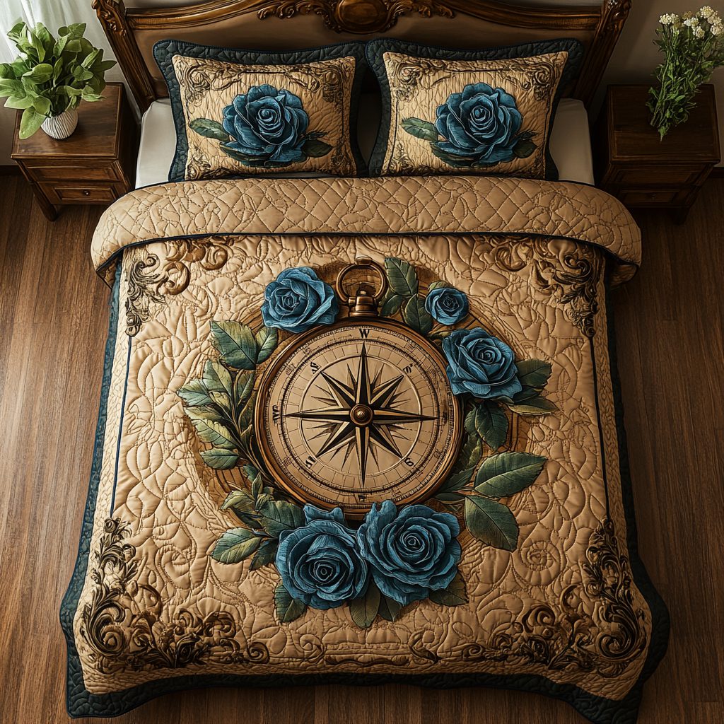 Golden Blue quilted 3-piece bedding set on a made bed with two matching pillow shams