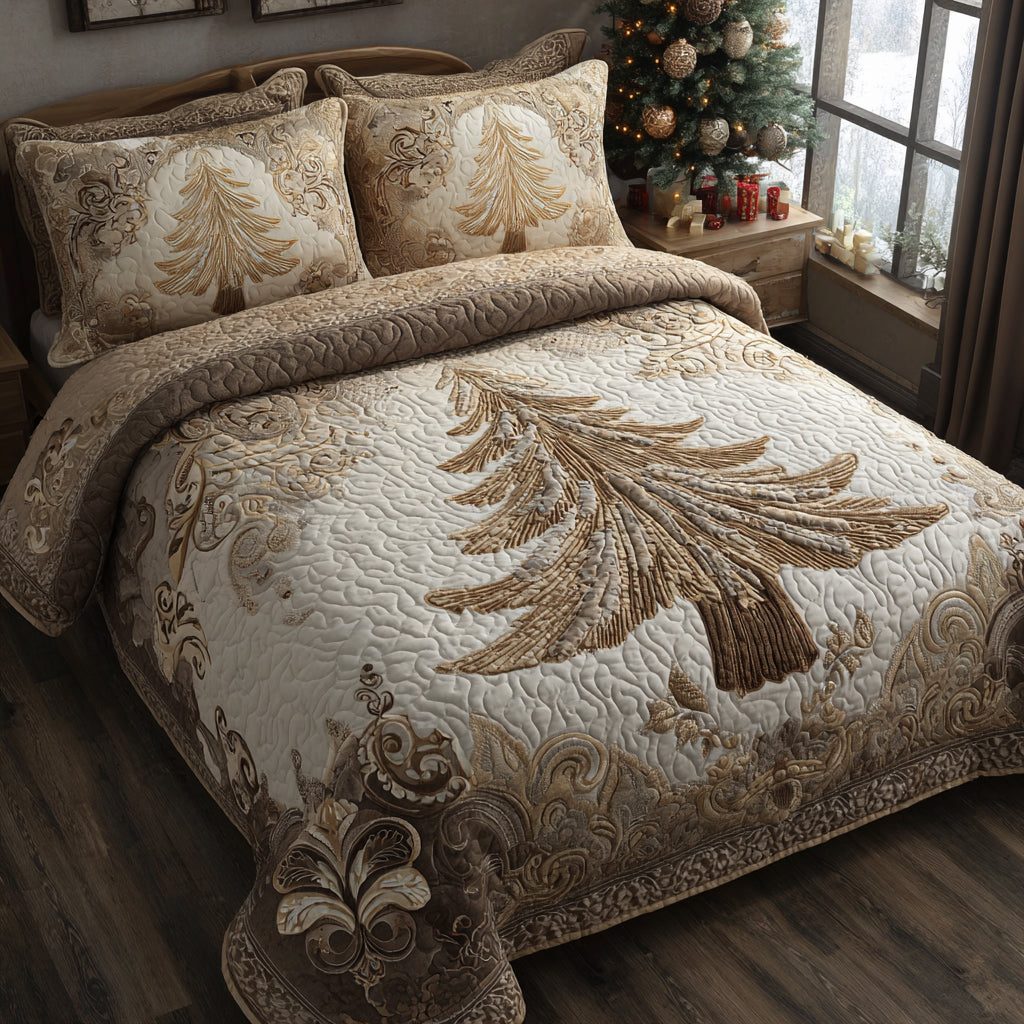 Golden Boughs quilted 3-piece bedding set on a made bed with two matching pillow shams