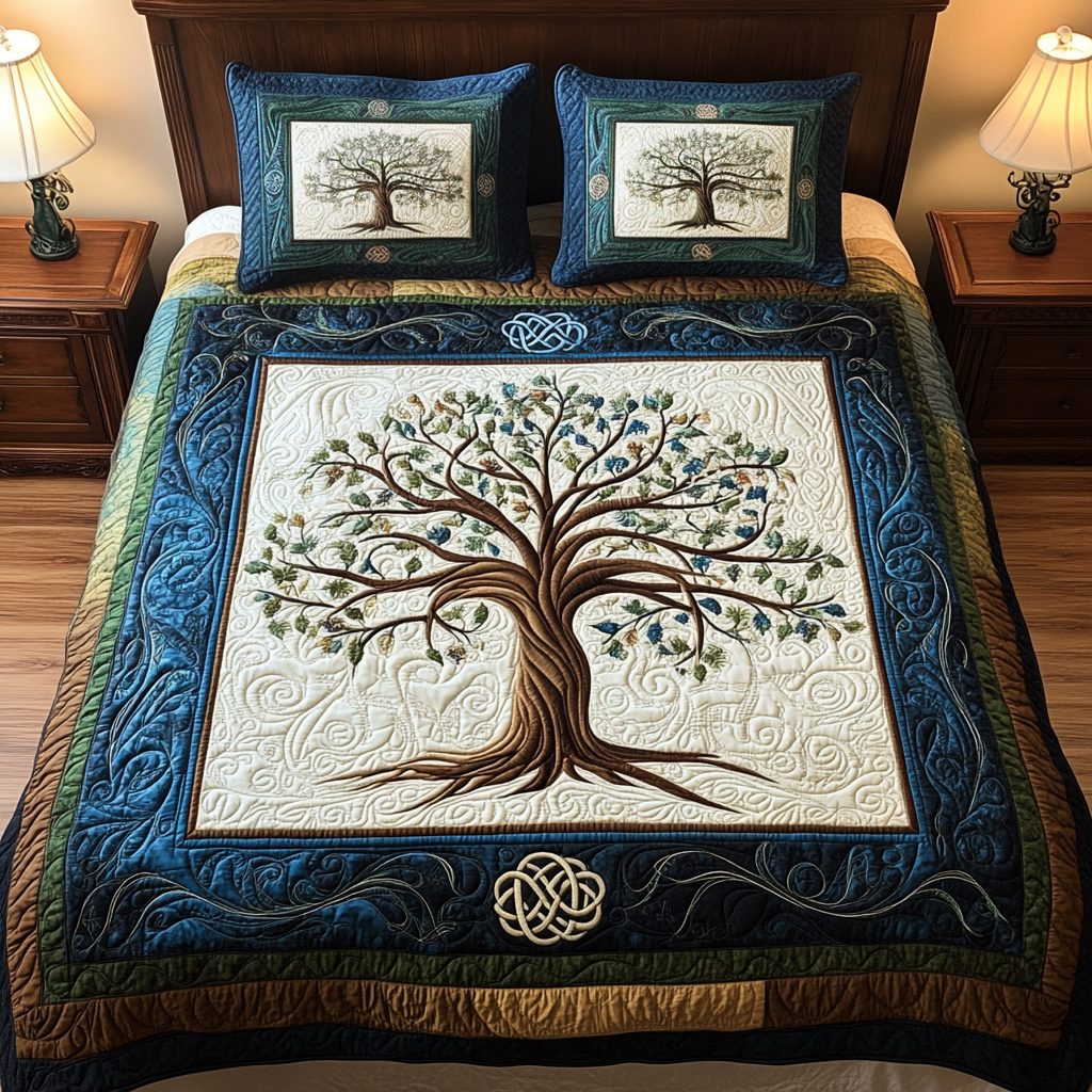 Golden Branches Elegance quilted 3-piece bedding set on a made bed in a rustic timber bedroom