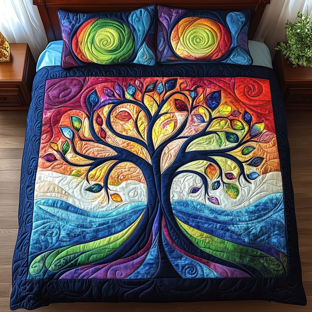 Golden Branches Elegance quilted 3-piece bedding set on a made bed in a rustic timber bedroom