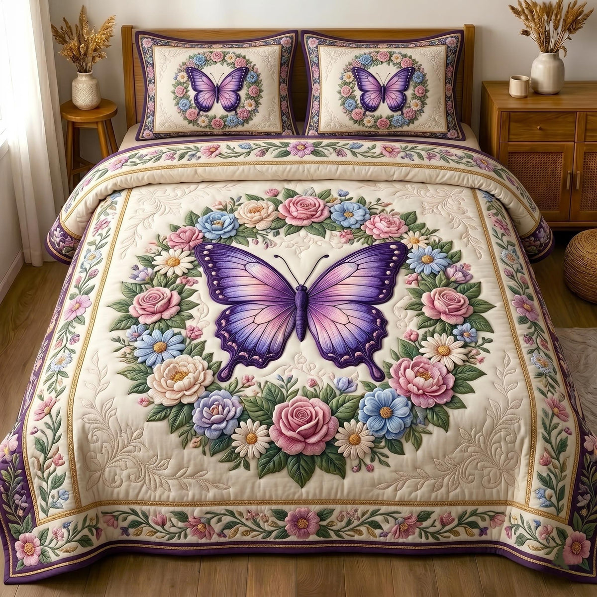 Golden Butterfly quilted 3-piece bedding set on a made bed with two matching pillow shams