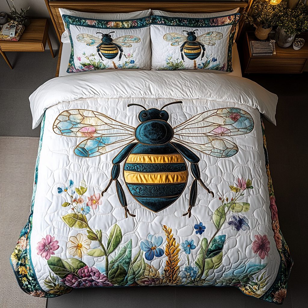Golden Buzz quilted 3-piece bedding set on a made bed with two matching pillow shams